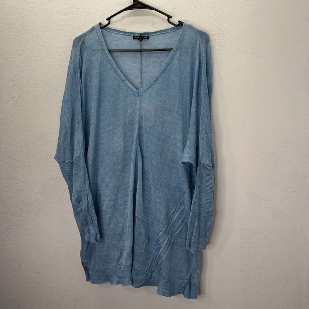 Eileen Fisher 100% Linen Open Knit Mesh Tunic Top Size L Drop Sleeves V Neck